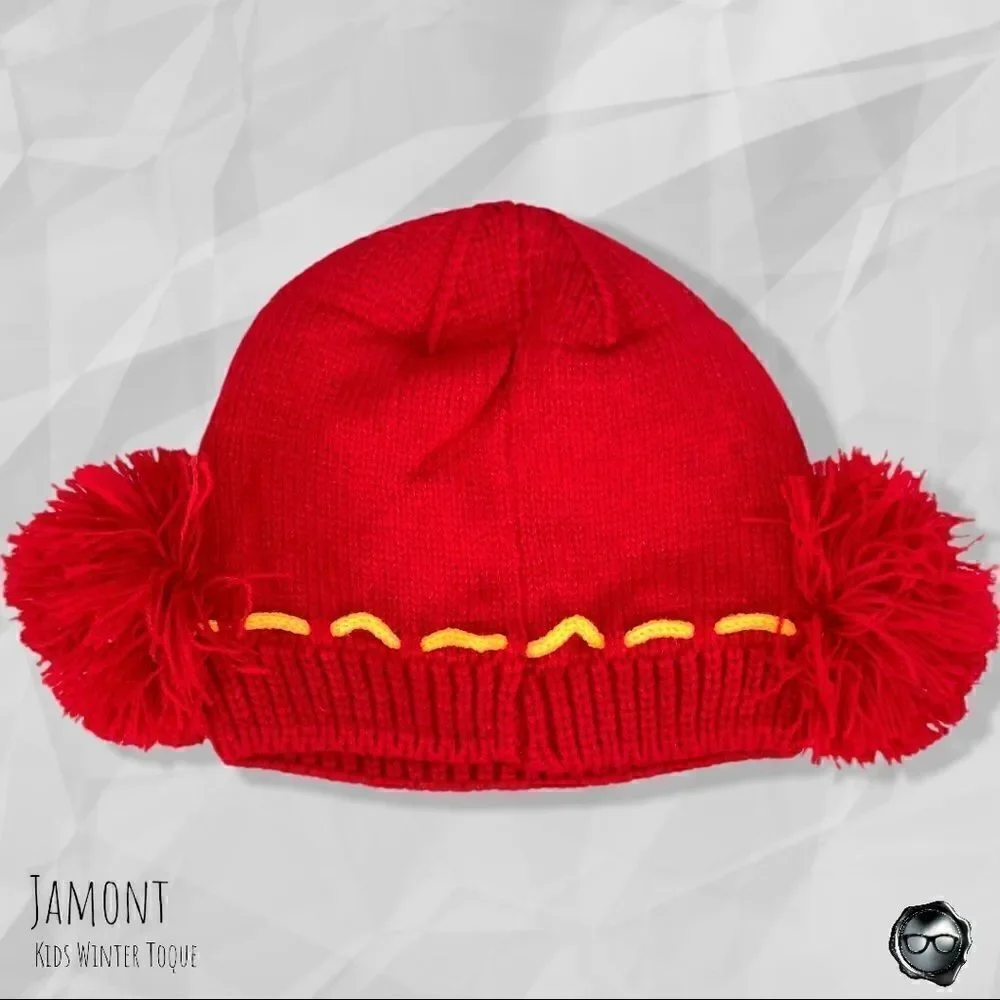 DOUBLE-POUF NORDIC WINTER SKI HAT BEANIE FOR KIDS IN SUNVALLEY RED